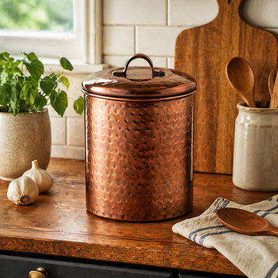 Stainless Steel Kitchen Canister | Hammered Antique Copper Finish | Beautiful Food Storage Container for Kitchen Counter, Tea, Sugar, Coffee, Caddy, Flour Canister with Rubber Seal Lid | 1.5 QT