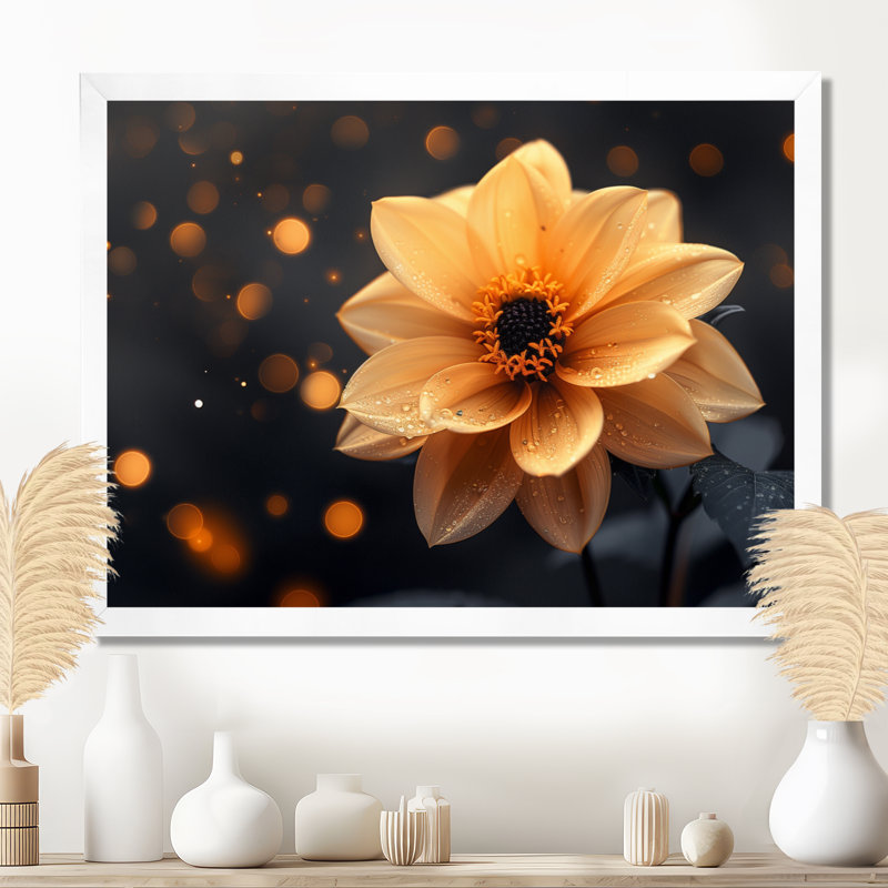 Dahlia noir et jaune doré - Dahlia Wall Art Living Room, Cadre simple blanc, H 34 po x l 44 po