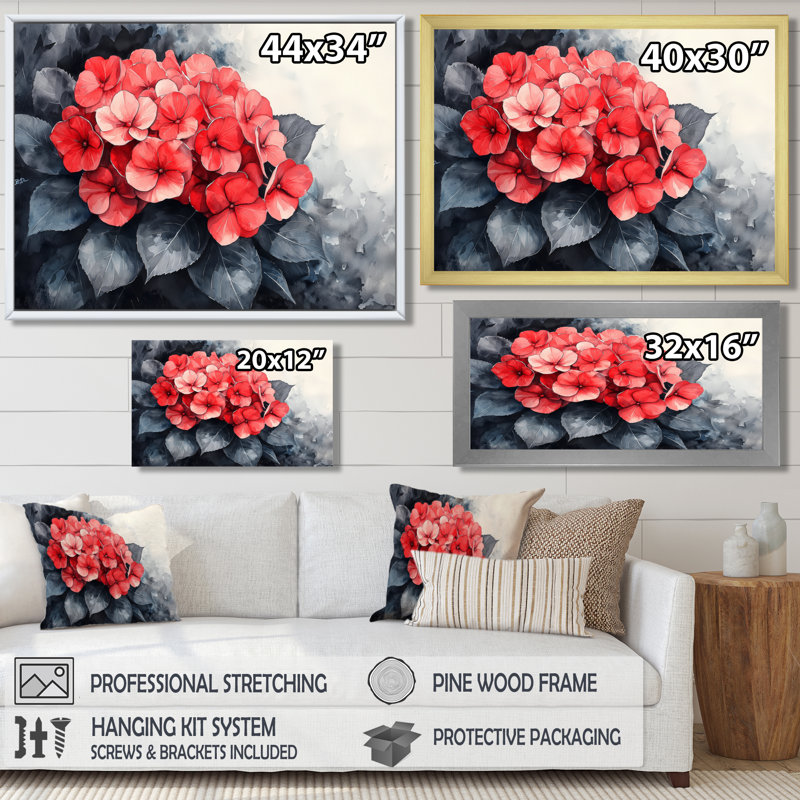 Monochromes hydrangées avec accent rouge audacieux II - hydrangées, art mural sur toile, 12" H x 20 W, White