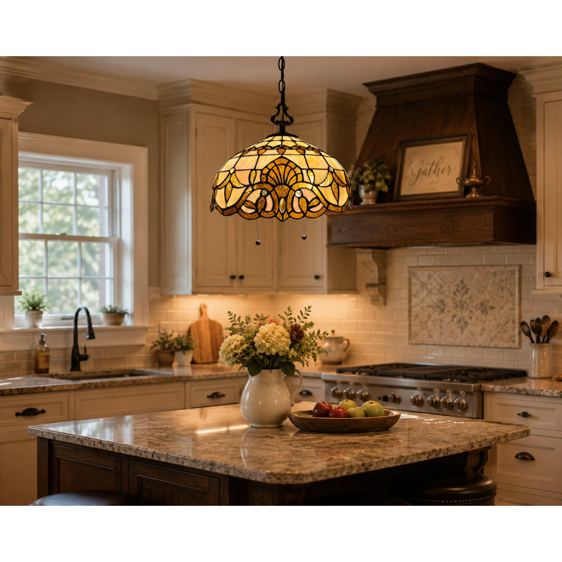 Glenover Tiffany Pendant Lights Fixture Stained Glass LED Bulbs Included 16”W*16”D*75”H, Gold