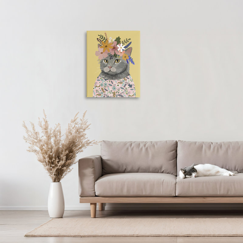 Toile avec un portrait de chat printanier, design par Mia Charro, H 20 po x l 16 po