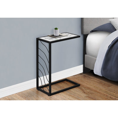Table moderne, en forme de C, bout, côté, collation, salon, chambre à coucher, stratifié aspect marbre blanc, métal, contemporain