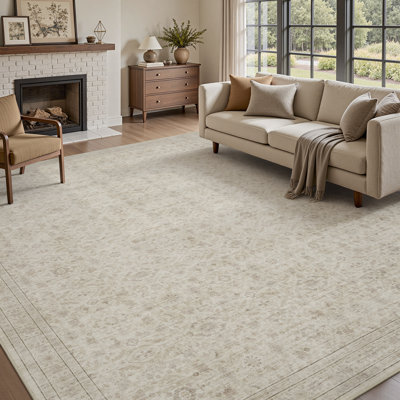 Beige Vintage-Inspired Washable Non-Slip Area Rug For Living Room, Bedroom