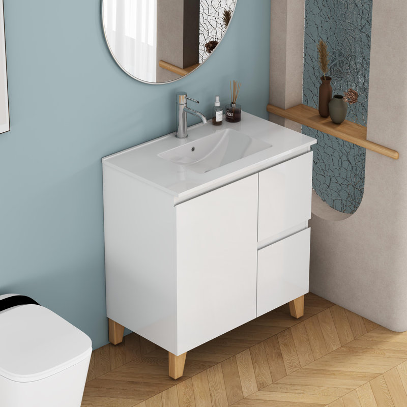 Meuble-lavabo moderne 31,5 po avec lavabo, 1 porte + 2 tiroirs, système de fermeture en douceur, finition blanc brillant, pieds en bois massif