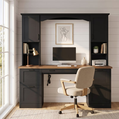 Farmhouse Arched Computer Desk with Hutch, Walnut Desktop, Built-In Charging Station and Keyboard Tray, All-in-One Home Office Desk with Drawers