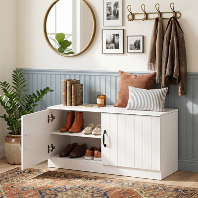 2-Door Padded Shoe Storage Bench Cabinet, Adjustable Interior Shelves & Smooth Silent Hinges, Anti-Tip Design Suitable For Entryway