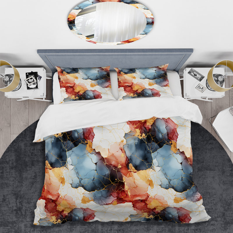 Literie en marbre bleu et rouge Elegance I, Housse de couette simple + 1 taie décorative stan