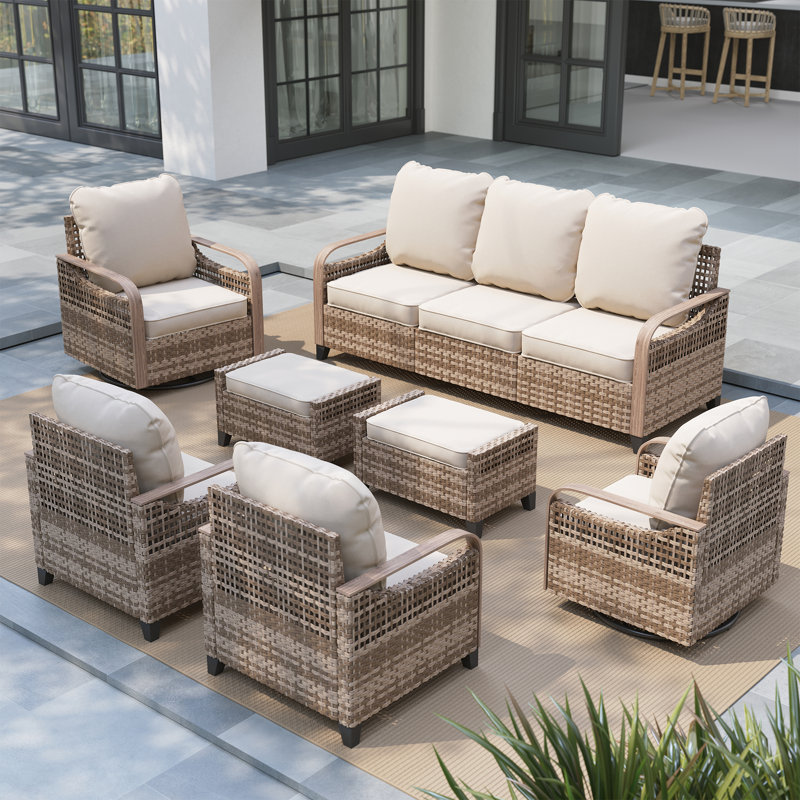 7-Piece Outdoor Patio Conversation Set, 3-Seater Sofa, 2 360° Swivel Armchairs，2 Single Armchairs & 2 Ottomans, Steel Frame with Wood-Grain Heat Transfer, Olefin Cushions for Patio, Backyard, Porch & Poolside