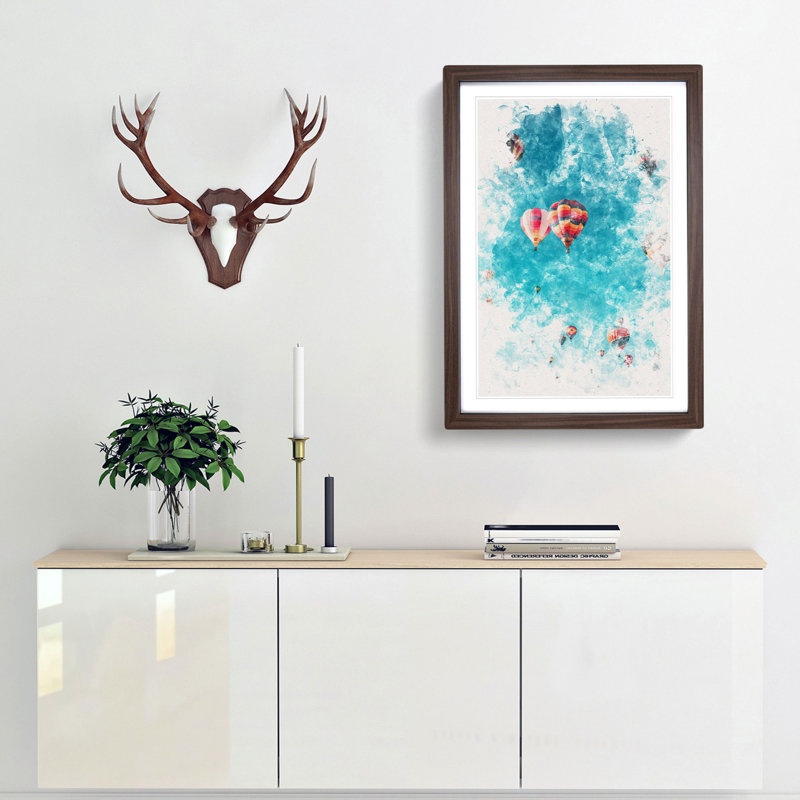 Hot Air Balloons On The Rise Watercolour - Picture Frame Graphic Art, Walnut Framed, 87cm H x 62cm W x 2cm D