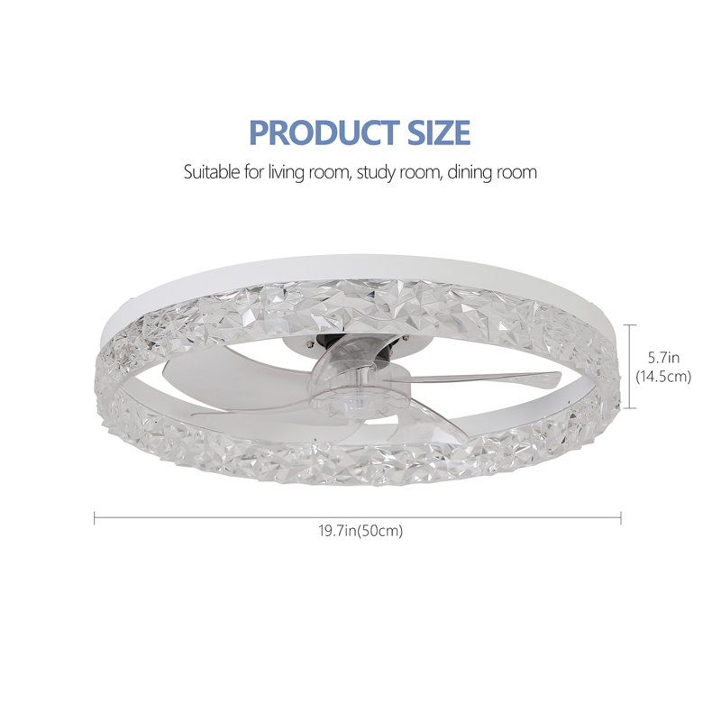 Ventilateur de plafond moderne en acrylique avec télécommande, lustre à DEL à intensité variable, réglable à 6 vitesses, moteur silencieux, conception encastrée pour le salon, la chambre à coucher, la salle à manger