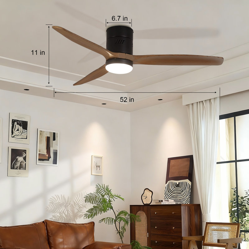 Ryme 52 In. Black Light Oak Flush Mount Standard Ceiling Fan With LED With Remote Included DC Motor Reversible, Gray Wood