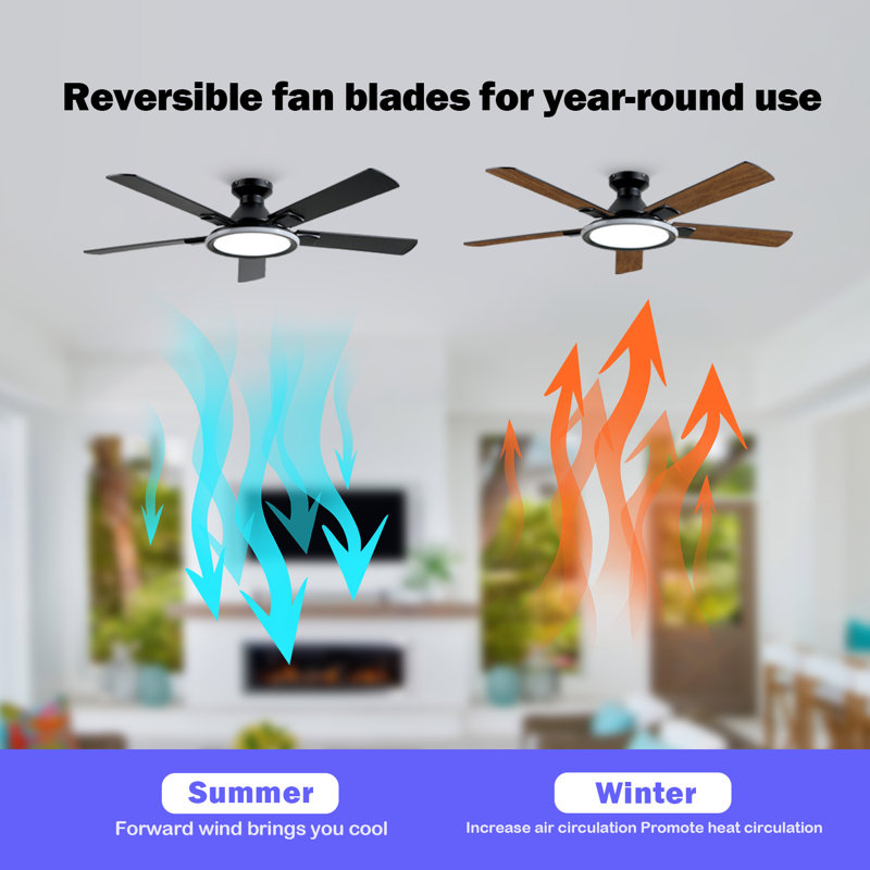  Installation encastrée de ventilateur de plafond de 52 pouces avec musique intelligente, haut-parleur Bluetooth, éclairage à spectre complet, éclairage ambiant de bordure, réglage à 6 vitesses, télécommande / application double