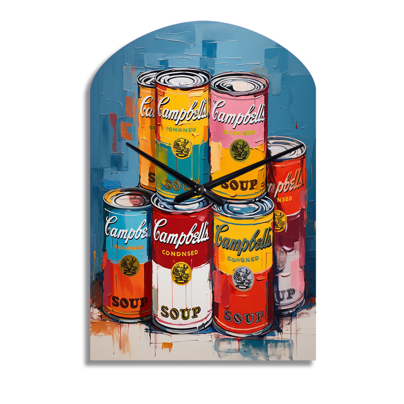 Pop Art Campbells Soup I - Pop Art Arch Metal Wall Clock, Glam Asymmetrical Metal Clock Print, Medium