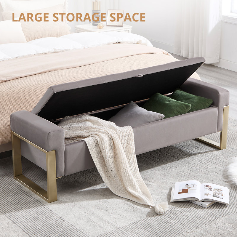 Upholstered Flip Top Storage Benches With Metal Feet, Light Gray