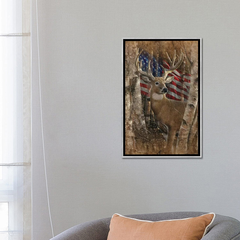Whitetail Buck America par Collin-gris-impression d’art graphique, H 26 po x l 18 po x 1,5 po, Toile avec cadre argenté
