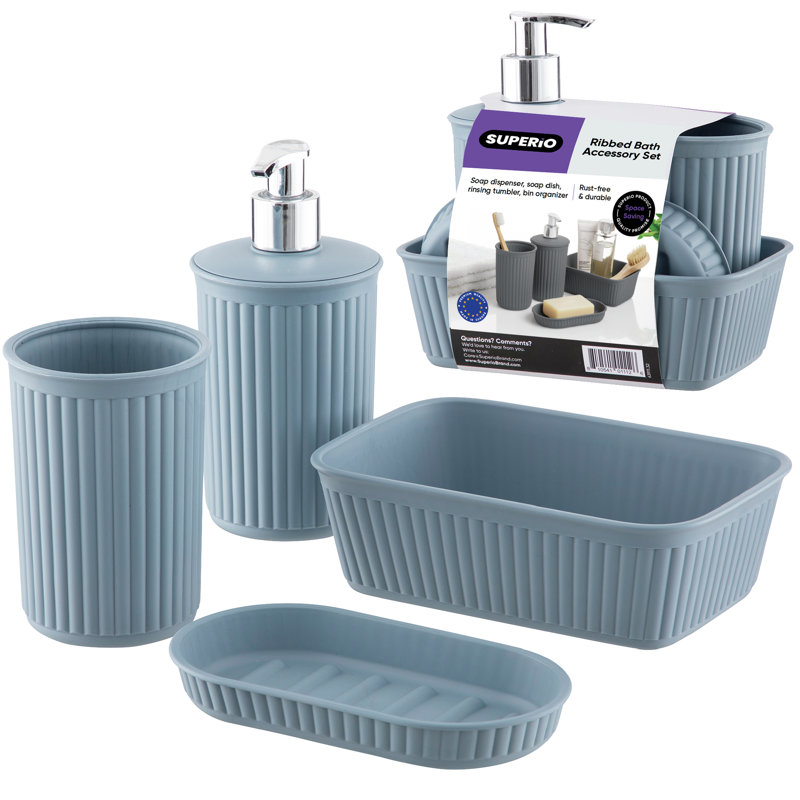 Ensemble d'accessoires de salle de bain nervuré, Bleu