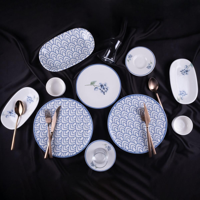Ensemble de petit déjeuner (32 pièces), Blanc/rouge, Géométrique