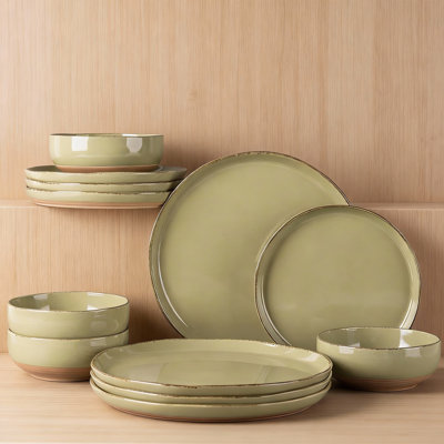 12-Piece Ceramic Dinnerware Set For 4 | Handpainted Stoneware Plates & Bowls With Rustic Terracotta Underside & Scratch-Resistant Finish