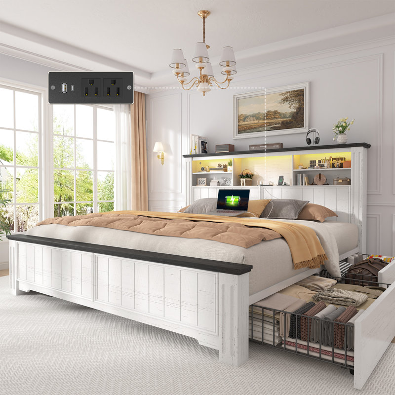 Lit de ferme avec rangement, format Queen, tête de lit, lumière DEL et port USB, 4 tiroirs sous le lit, station de charge intégrée, silencieux, sans sommier requis.