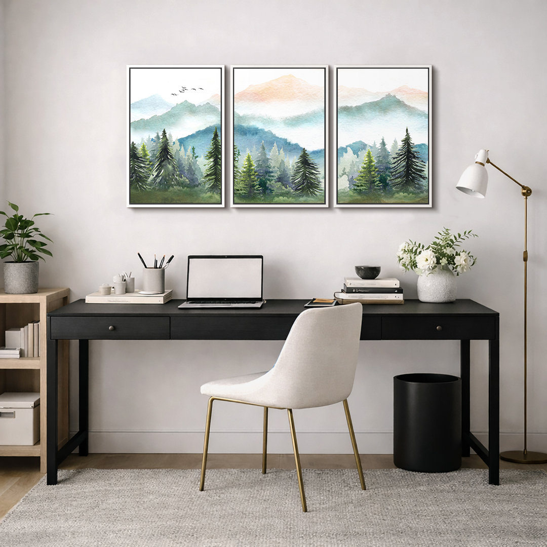 Woodland Forest Landscape "Green Watercolor Pastel Mountain Pine Tree Artwork, Neutral Modern Rustic Wall Pictures, Large Framed Canvas Giclee Print 3 Pieces Wall Art Set"  IDEA4WALL Frame 