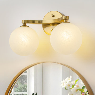 14.2" Modern Brass Wall Sconce 2-Light Bathroom Vanity Light with Hand-Blown Frosted Glass Globes, Mid Century Modern Gold Wall Light Fixture for Bedroom Living Room Hallway Mirror (Bulbs Not Included)