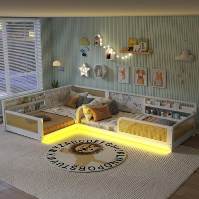 L-Shaped Convertible Detachable Beds With Whiteboards, Bookshelves & Lights