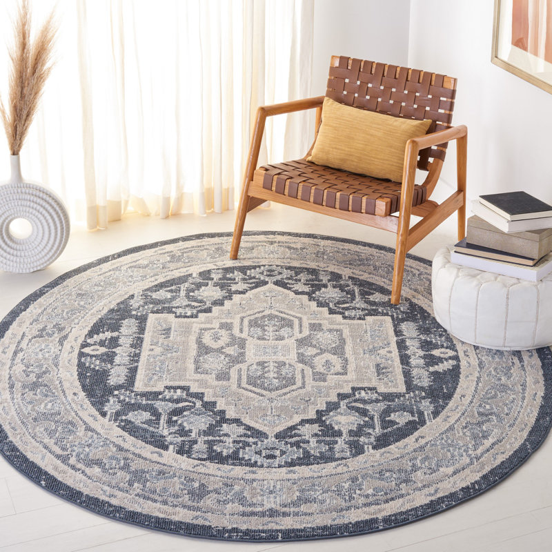 Tapis lavable Arora 210 en beige / bleu marine, Rond 6 pi 7 po