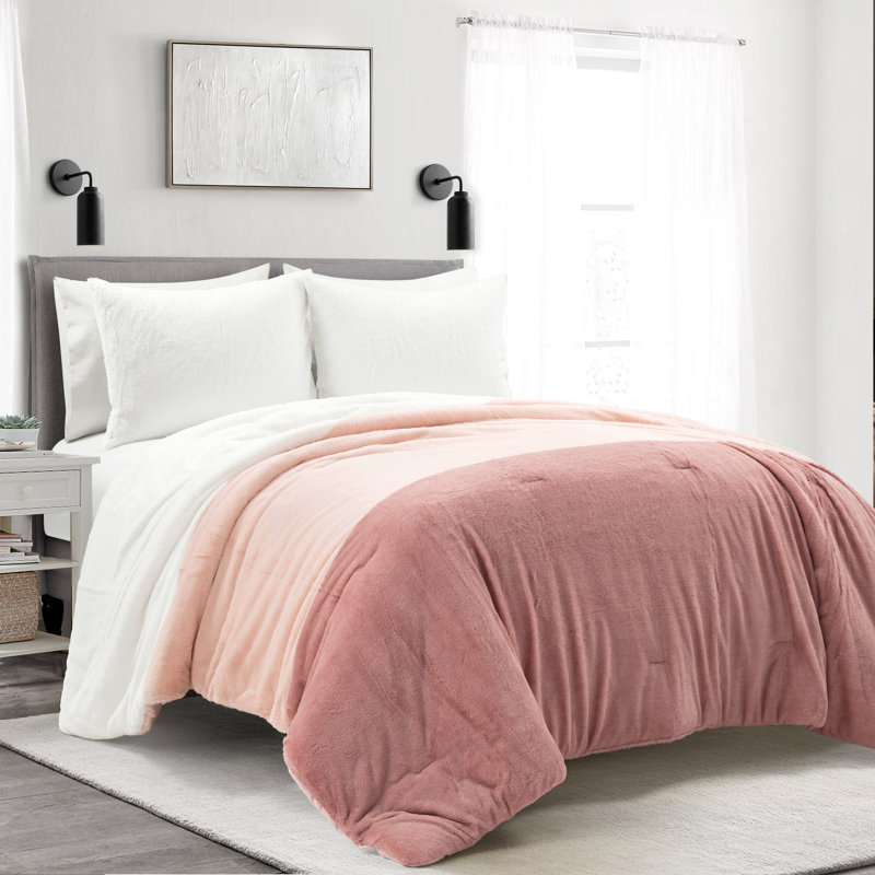 Farmhouse Color Block Faux Fur Microfiber 3 Piece Comforter Set, Twin, Dusty Rose