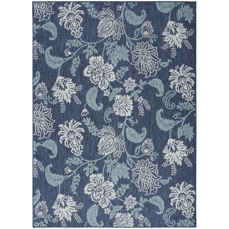 Rectangle Pamilyn Floral Polypropylene Indoor/Outdoor Area Rug in White/Navy Blue, Rectangle 5' x 7'
