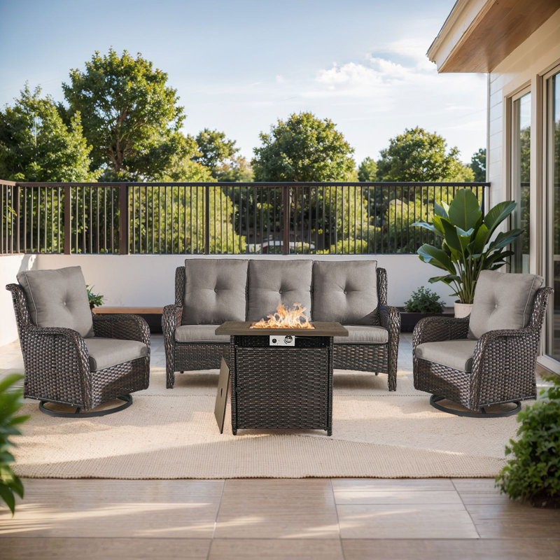 Wendye 4-Piece Outdoor Furniture Set, 2 Swivel Glider Chairs, 3-Seat Sofa & 55K BTU Fire Pit Table, Brown, Gray