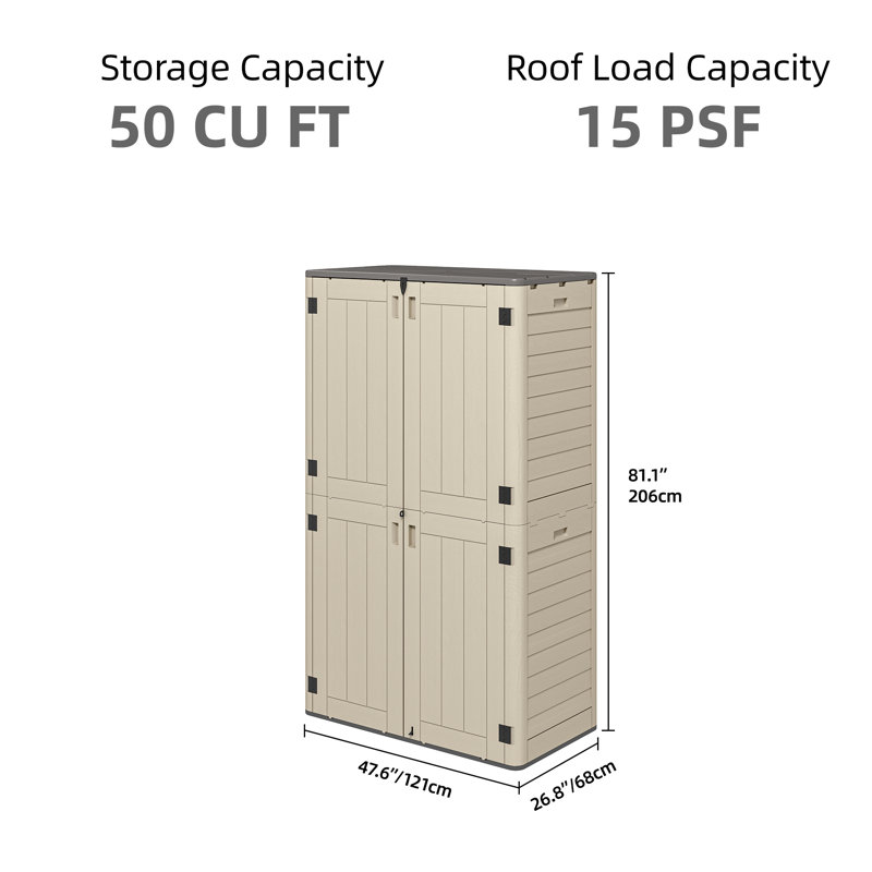 4 ft.W X 2.2 ft. D  50 Cu Ft Vertical Resin Outdoor Storage Shed, Brown