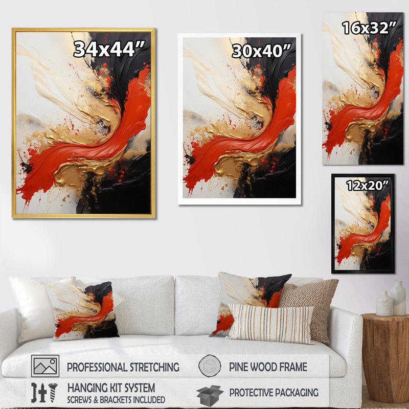 «Midnight Passion», vague abstraite, écarlate et or I - peinture abstraite, art mural, salon, H 40 po x l 30 po x P 1,5 po