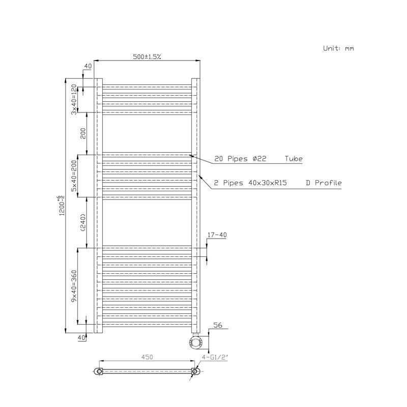 Arlandria Straight Towel Rail Heated Towel Rails, 120cm H x 50cm W x 3cm D, Anthracite