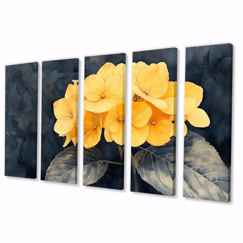 Jaune hydrangée jaune Focus I - Hortensia Wall Art - Art mural traditionnel pour le salon, H 32 po x l 80 po, 5