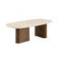 Table basse contemporaine de forme organique, travertin jaune et finition chêne brun