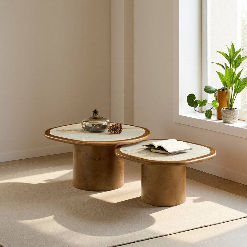 Ensemble de deux tables basses irrégulières, table basse en placage de loupe de bois, plateau en pierre frittée avec pied robuste en MDF, table d'appoint arrondie pour canapé ou salon.