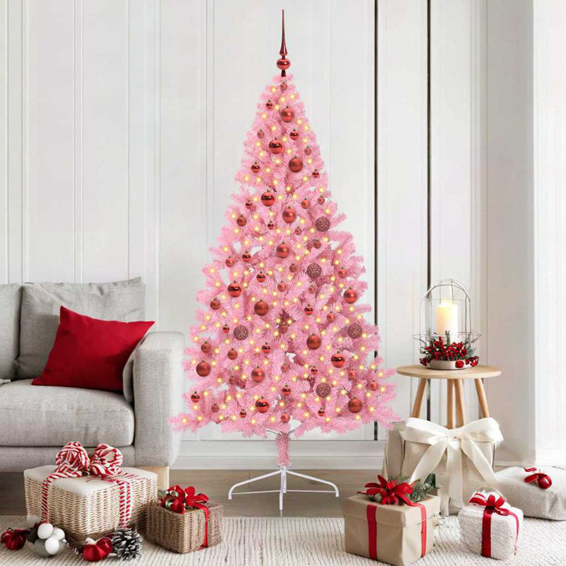 5.91' H Lighted Artificial Christmas Tree, Pink, 180 cm, with 120 Red Balls