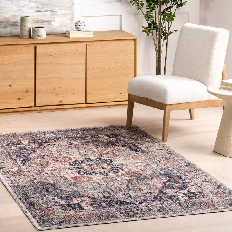 Tapis médaillon safran pour le salon, la chambre et la cuisine, bleu marine / beige, Rectangle de 5 pi x 8 pi