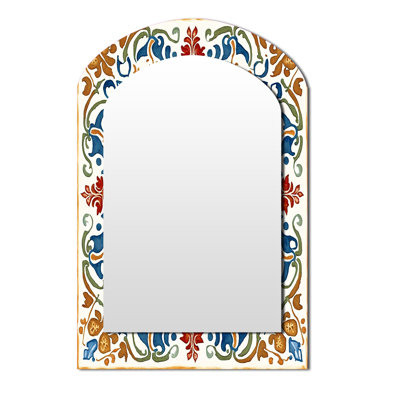 Mediterranean Tiles In Retro Blue VII - Tile Arch Decorative Mirror, Modern Asymmetrical Large Wall Mirror, Printed Metal Art
