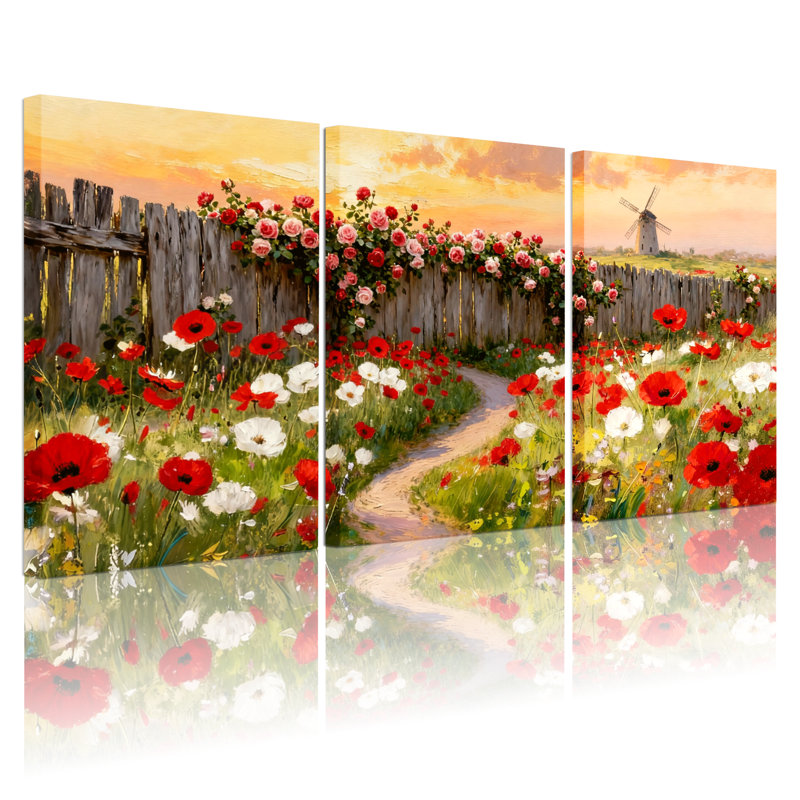 Bouquet de coquelicots assortis avec moulin à vent et clôture, ensemble de 3 impressions sur toile, H 24 po x l 48 po
