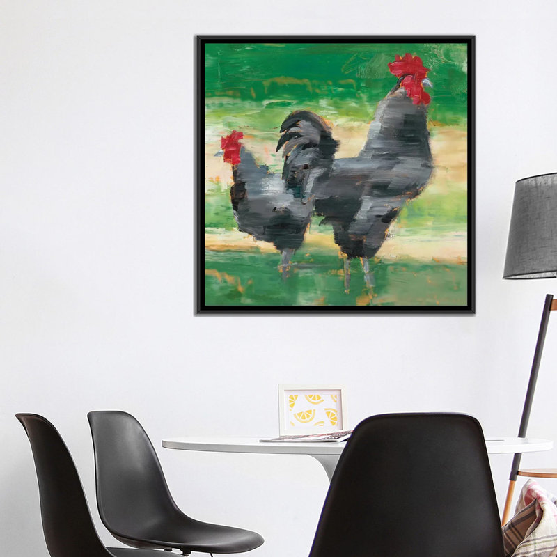 «Black Rooster & Hen I» par Ethan Harper - reproduction d'art, H 37 po x l 37 po x P 1,5 po, Toile avec cadre noir
