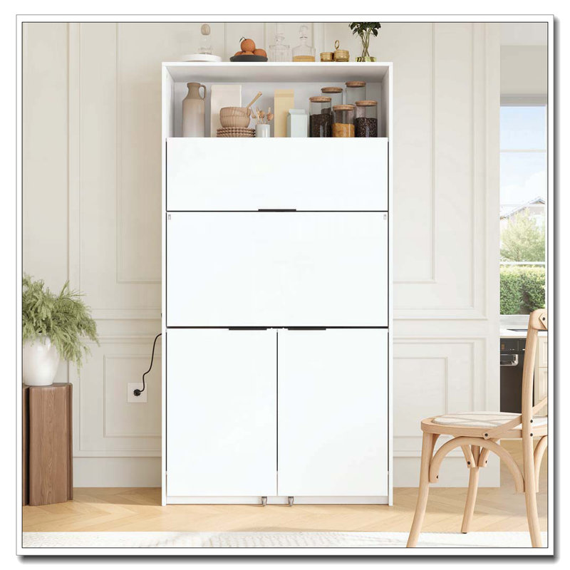 Compact Kitchen Pantry Buffet with Foldable Workstation, White