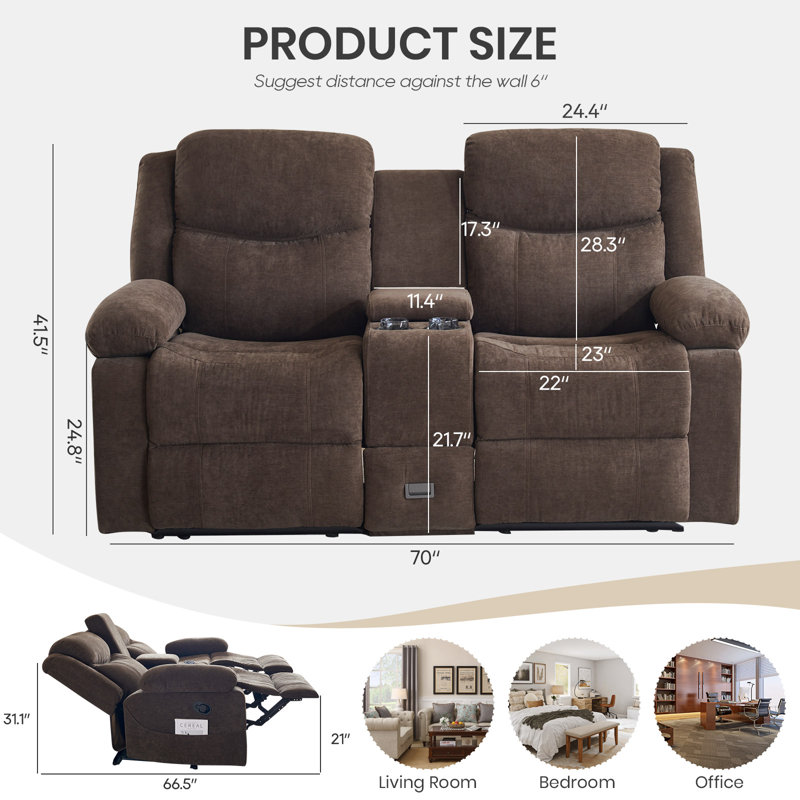 Power Brano Sofa ,Manual Double Recliner With Massage&Heat, RV Loveseat Chair Clearance With Side Pockets,Storage, Cup Holders For Living Room