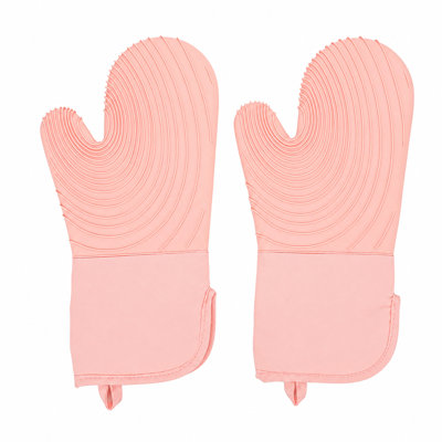 Pink Silicone Oven Mitts, Heat-Resistant Non-Slip Kitchen Gloves, Set of 2