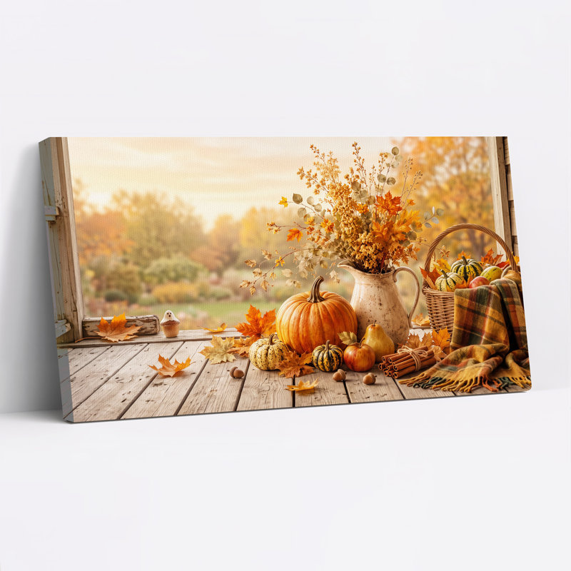 Citrouille orange et fleurs séchées sur toile rustique en bois, art mural d'Halloween, L 32 po x H 16 po