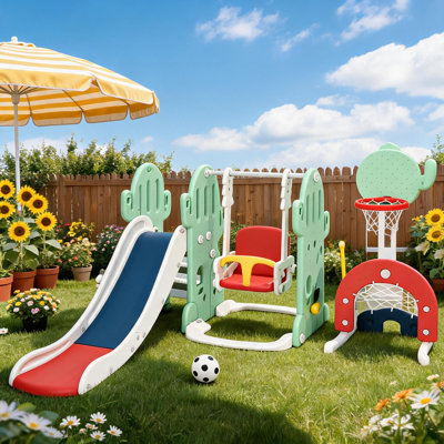 7 in 1 Toddler Slide and Swing Set, Kids Freestanding Slide Climber with Adjustable Swing and Basketball Hoop, Soccer Golf and Ring Toss Game, Indoor Outdoor Playset for Toddlers Age 1-3.
