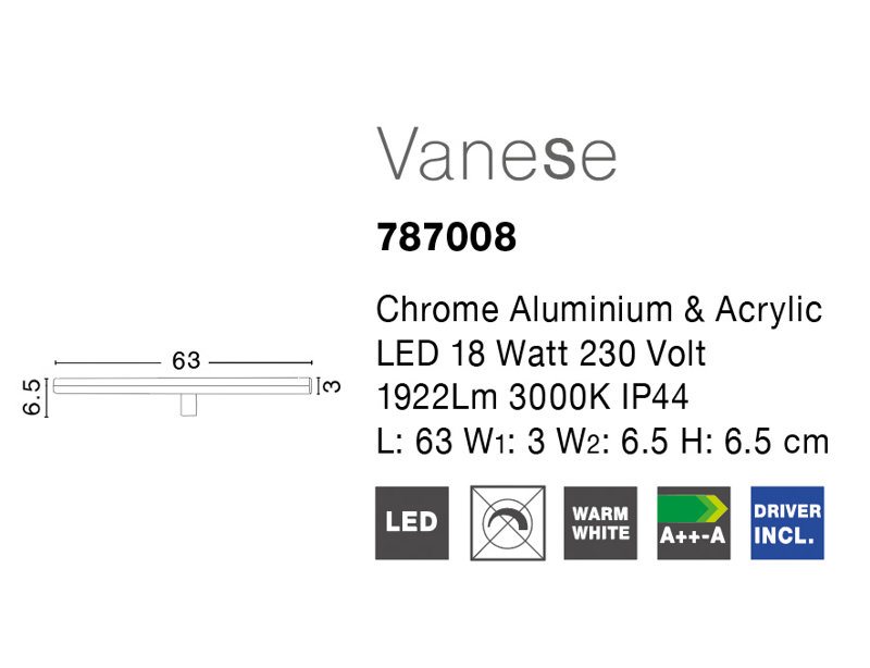 Modena LED Vanity Light, 6.5cm H x 63cm W x 3cm D