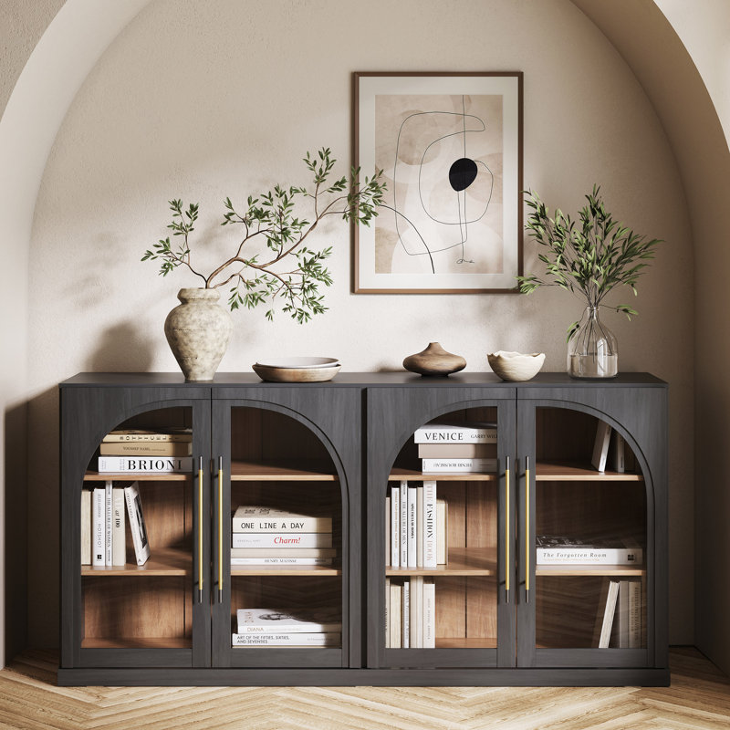 Buffet arqué 65 "avec porte vitrée et tablettes réglables, ébène, Ébène
