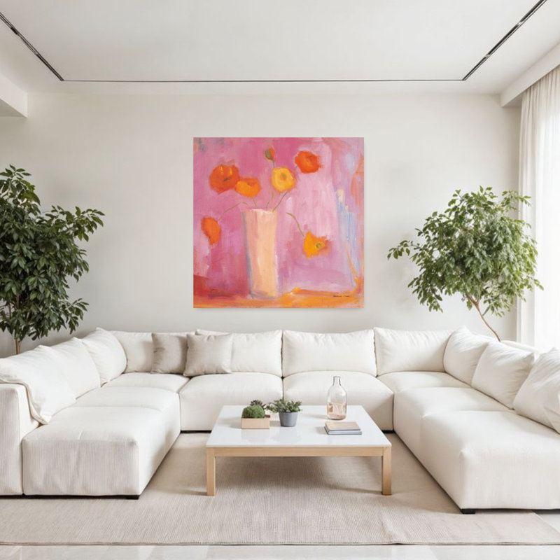 Art contemporain coquelicot, H 48 po x l 48 po