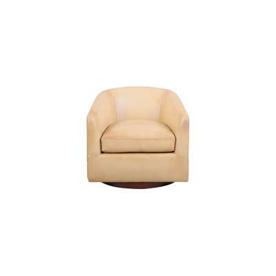 Sorella Genuine Leather Swivel Chair – Modern Barrel Accent Chair With Wooden Base & Plush Cushioning by Red Barrel Studio